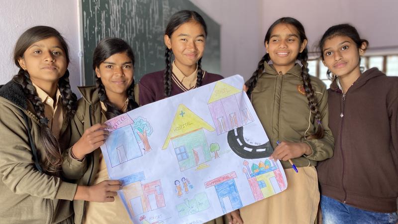 Post 'Urbanisation and Us' workshop, Government Primary School students show their idea of an inclusive and smart city.