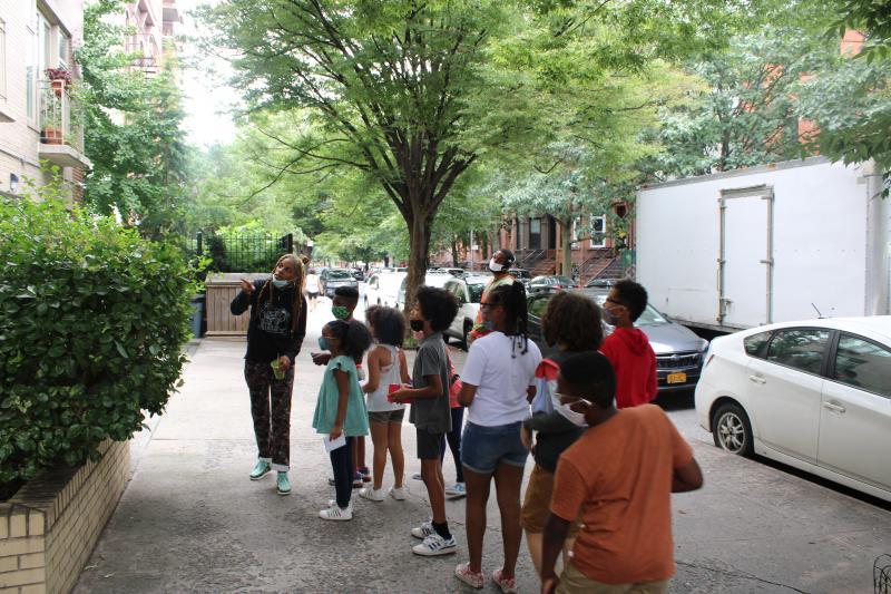 Inner City Ranger students examining a spider building its web in Bedstuy, Brooklyn.