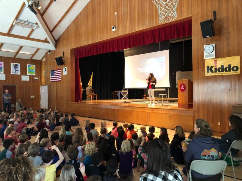 Sarah speaks to students at Old Mill Elementary School about Climate NOW.