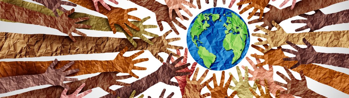 Illustration of multicultural hands reaching toward globe
