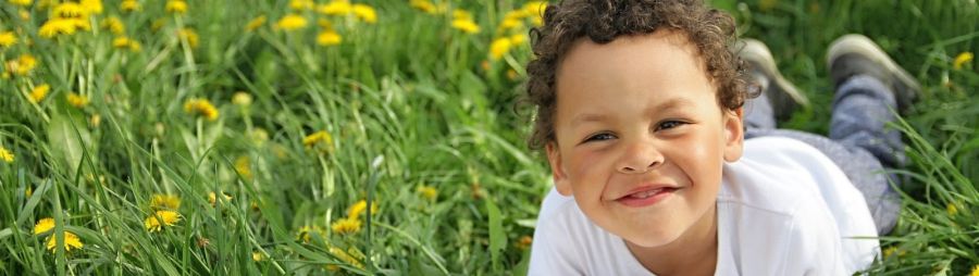 Natural Start child reading book in dandelion field