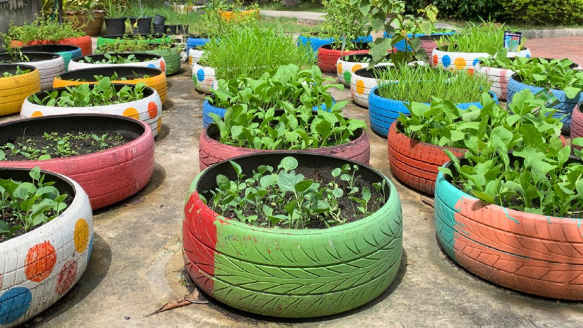 colorfully painted tires as planters