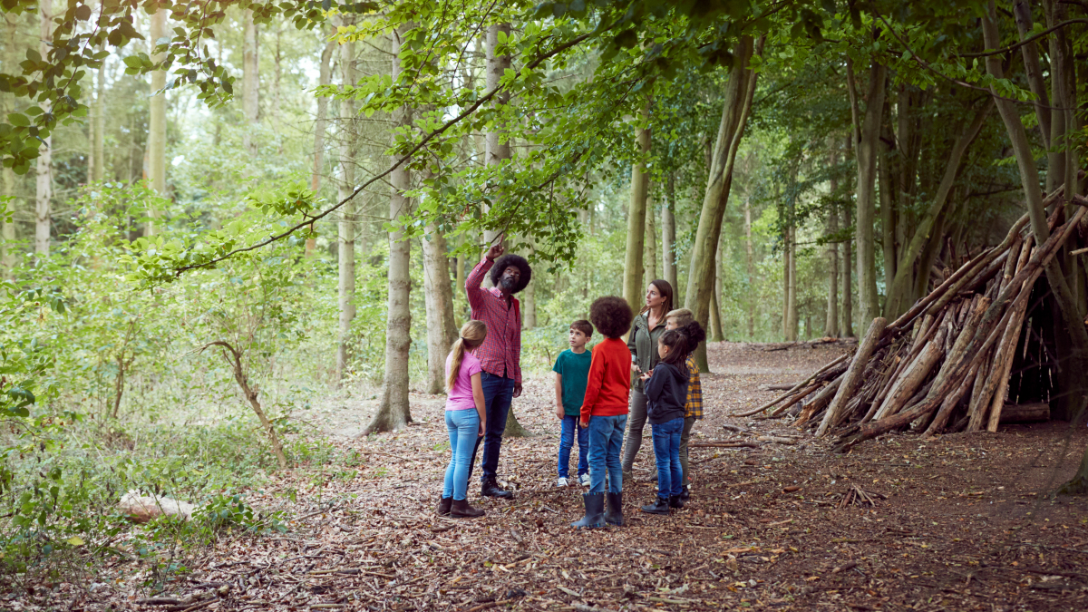 A man with a group of young kids standing in a forest