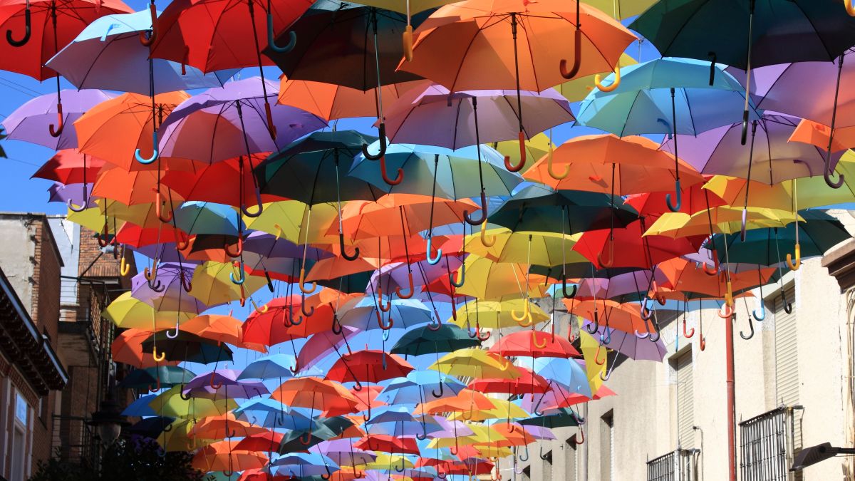 Street decorated with colorful umbrellas