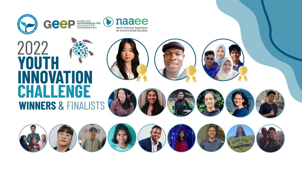 Text: 2022 Youth Innovation Challenge Winners and Finalists Image: Photos of winners and finalists on white background with blue water and turtle graphics