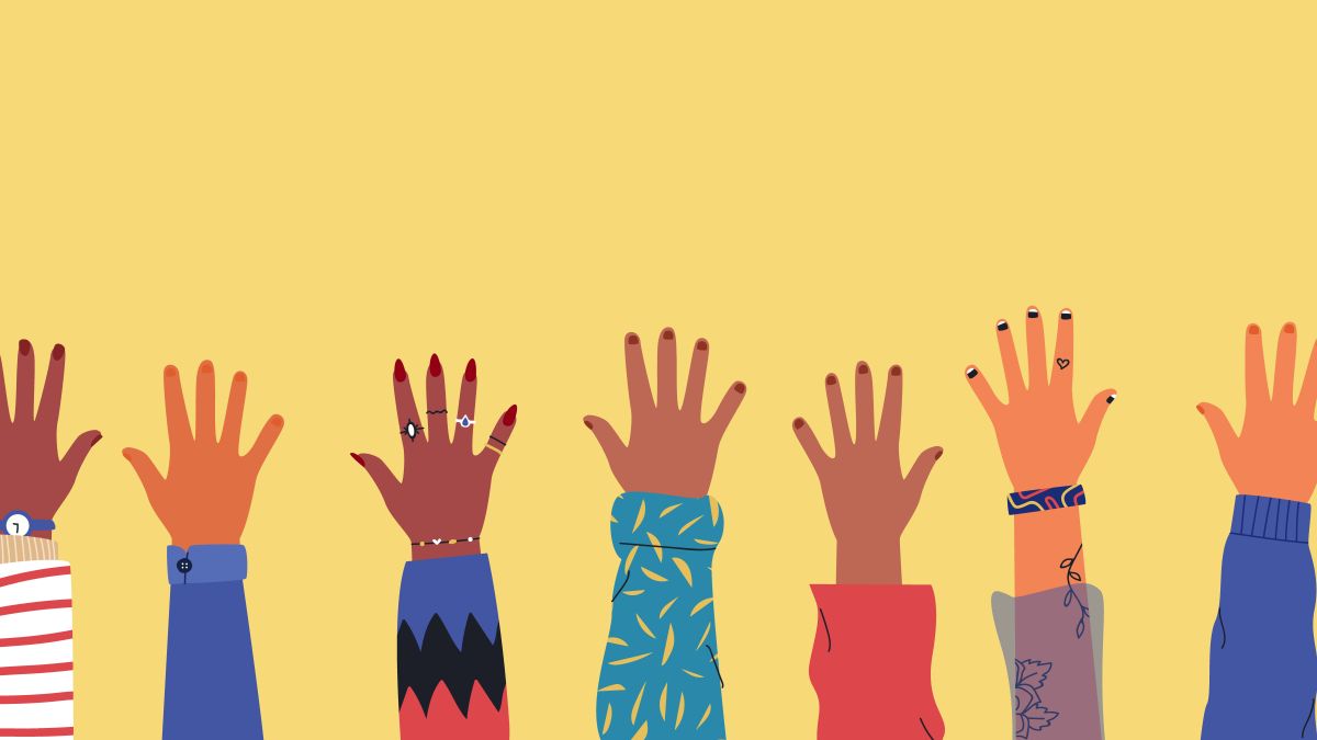 colorful line of arms raised