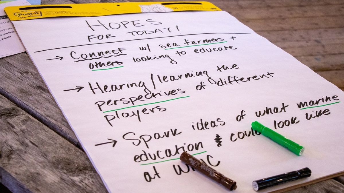 A large paper flip chart with markers and a writing prompt that reads “Hopes for Today.” Photo credit: Kathy Tenga-Gonzalez, Maine Sea Grant
