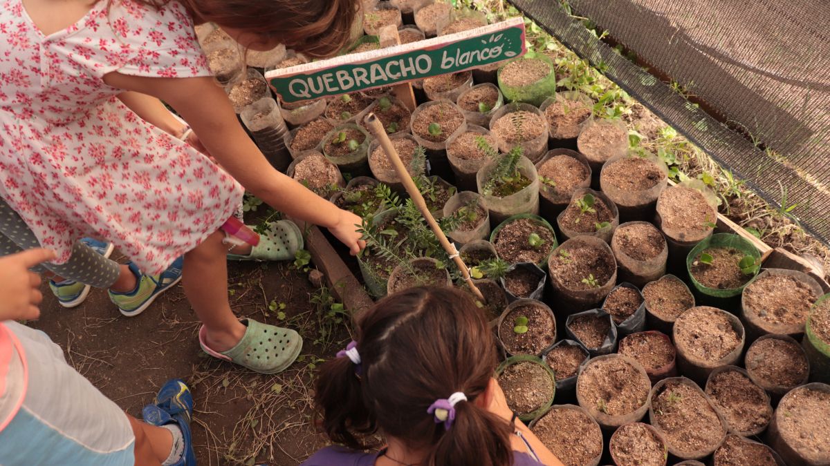 Young girls leaning over potted plants in a plant nursery, with a painted sign that says "Quebracho blanco"