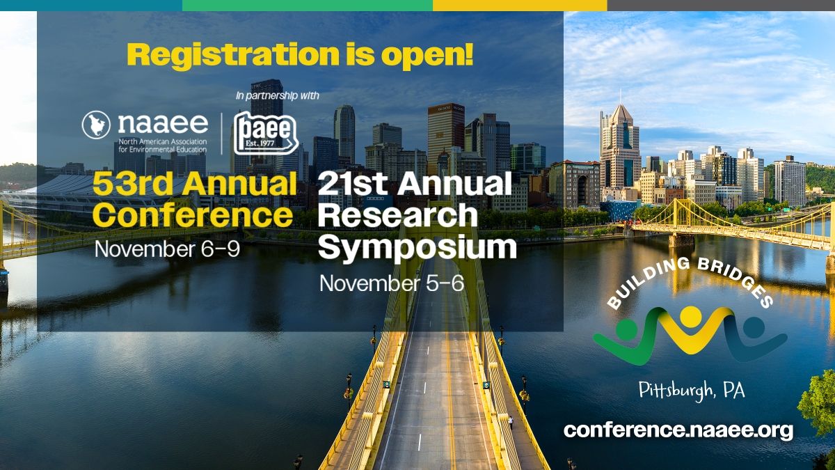 NAAEE 2024 Annual Conference and Research Symposium, Pittsburgh, PA, Call for Presentations Is Open. Background: photo of bridge in front of Pittsburgh skyline, graphic of three people holding hands
