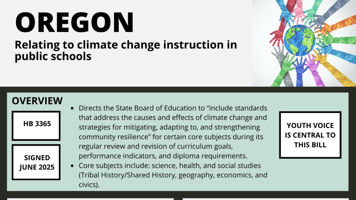 Text about House Bill 3365, titled, "Oregon: Relating to climate change instruction in public schools."