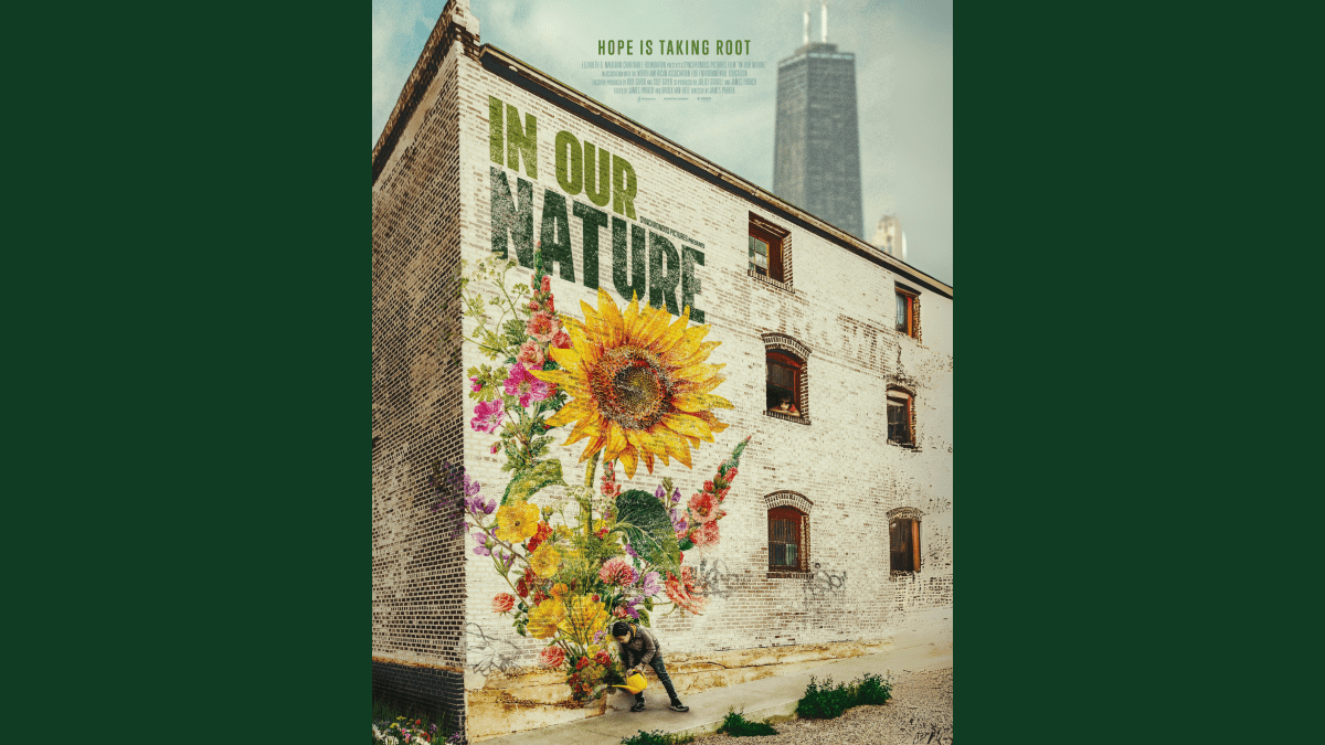 "In Our Nature" mural with sunflowers and people watering on the side of a brick building