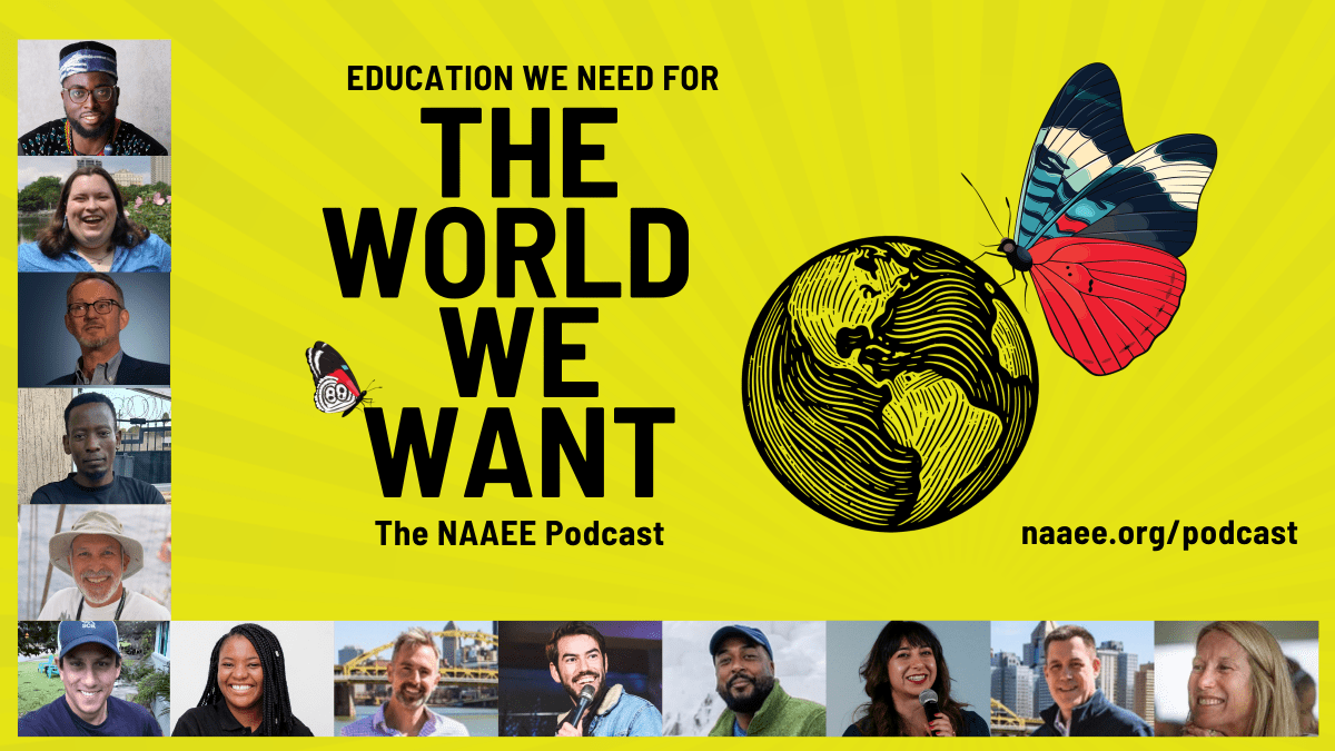 All guests of The World We Want podcast are featured as the border of the bright yellow podcast logo. 