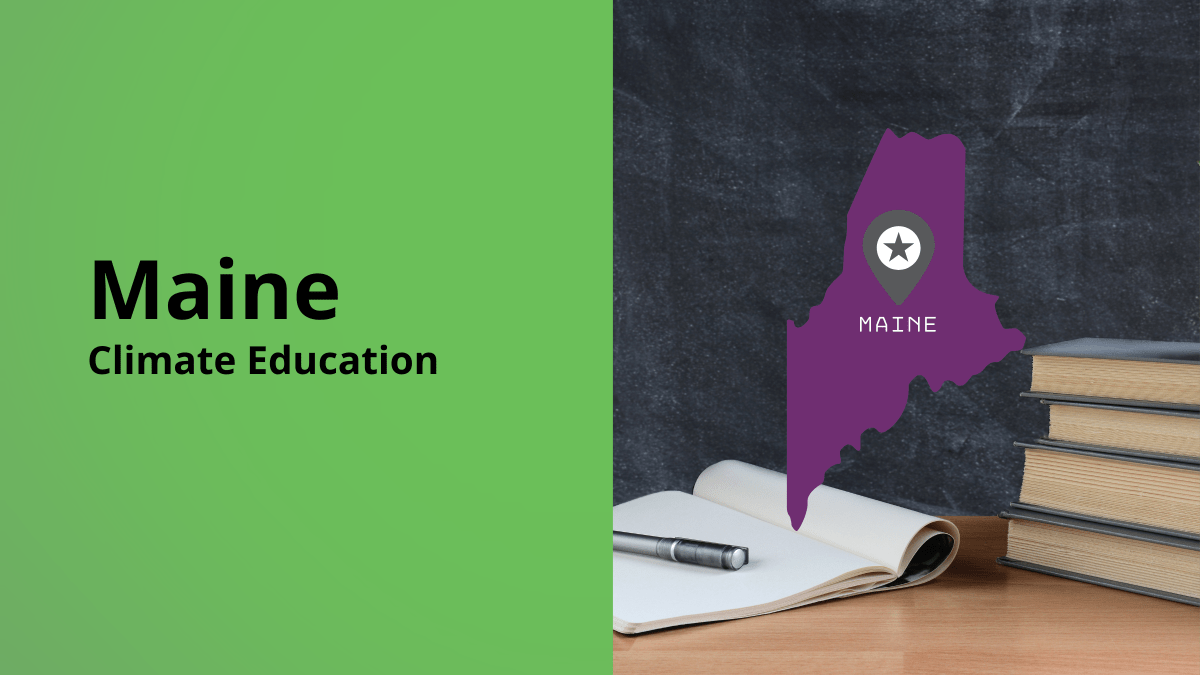 class blackboard with stack of books and text on the left says: Maine Climate Education