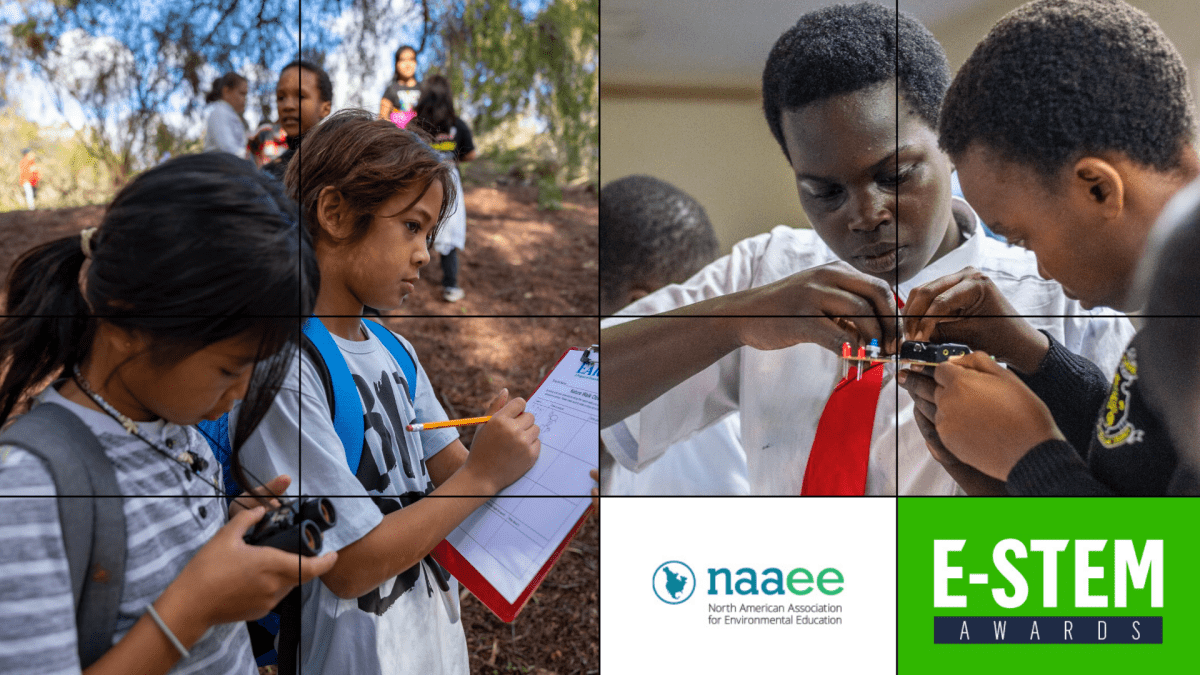 Side-by-side photos: students with clipboards outside and two students working on robotics