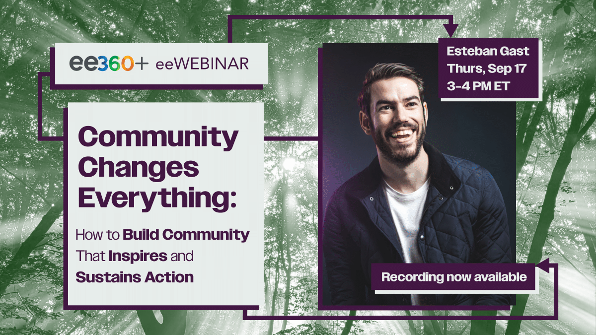 Text, "Community Changes Everything" and a photo of Esteban Gast on the right