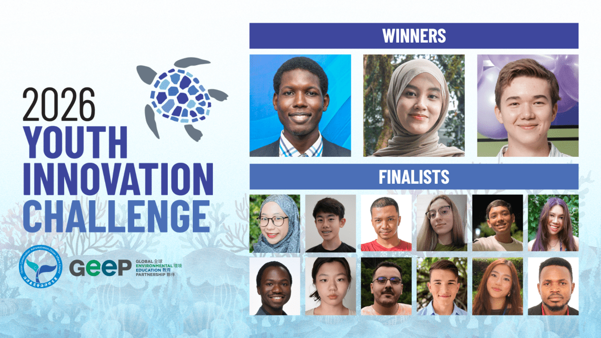 "2026 Youth Innovation Challenge" with graphic of turtle and ocean and grid of winners faces