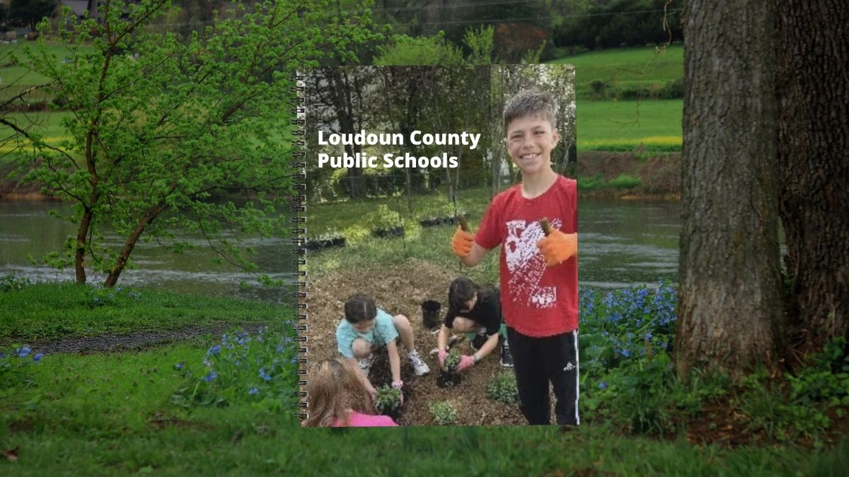 Notebook mockup with a photo of students planting