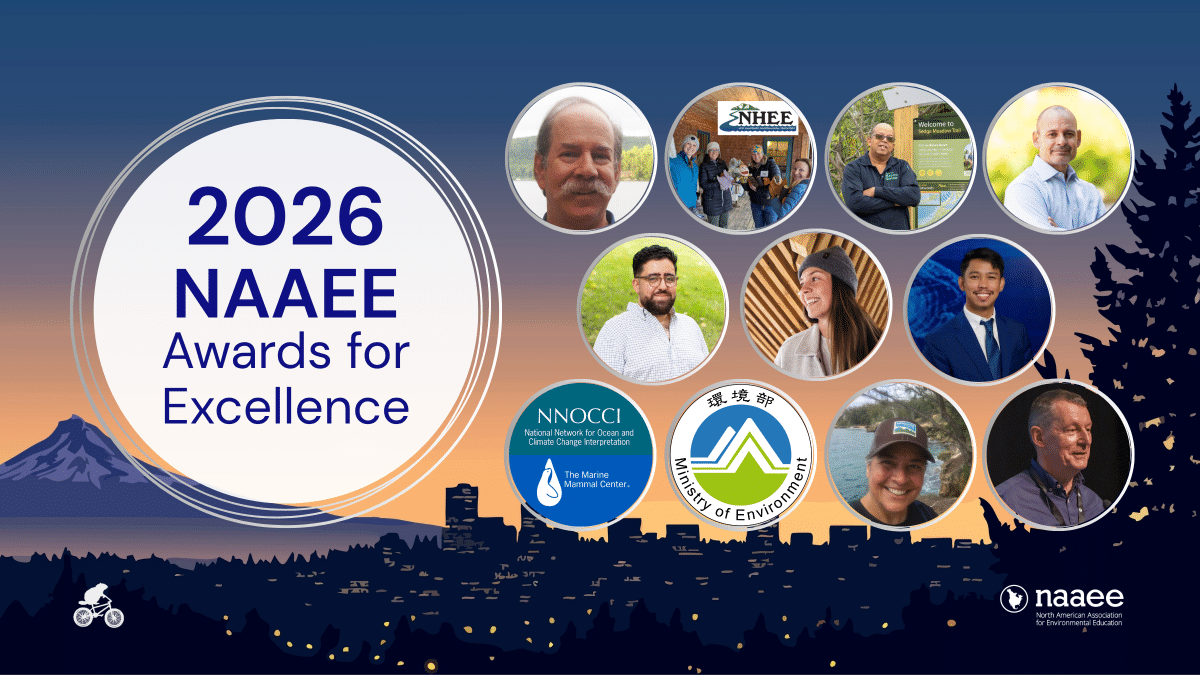 Graphic promoting the 2026 NAAEE Awards for Excellence, featuring circular photos of award recipients and organizational logos against a sunset landscape of mountains, a city skyline, and evergreen trees. The NAAEE logo appears in the bottom-left corner.