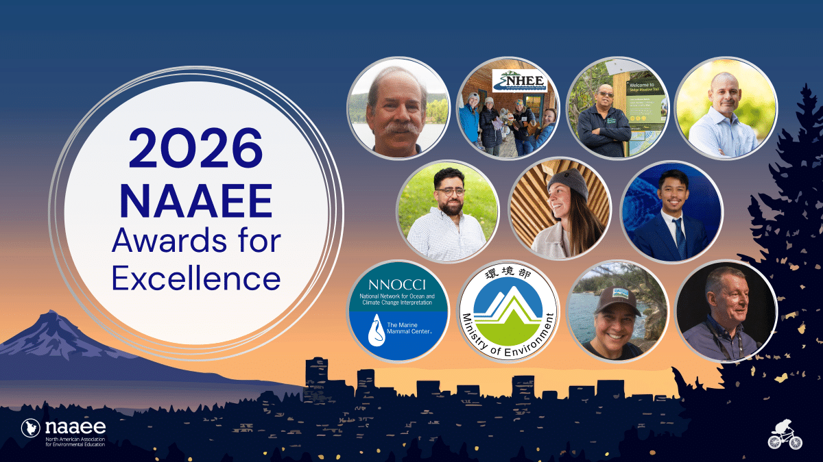 Graphic promoting the 2026 NAAEE Awards for Excellence, featuring circular photos of award recipients and organizational logos against a sunset landscape of mountains, a city skyline, and evergreen trees. The NAAEE logo appears in the bottom-left corner.