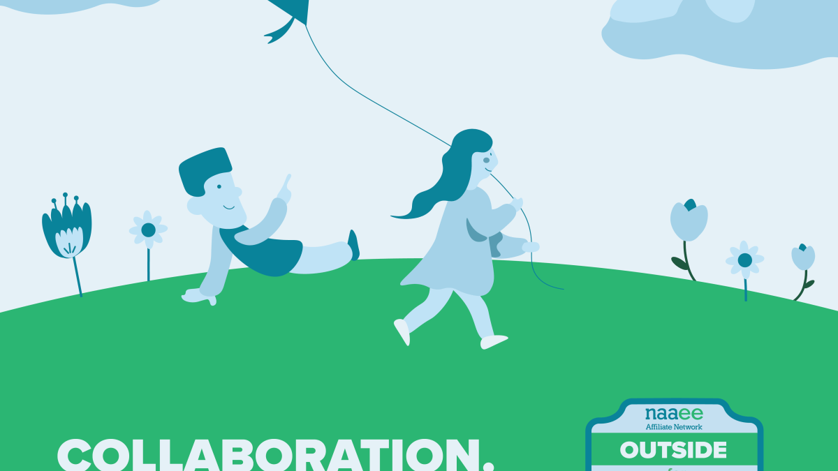 blue, green, yellow vector illustration of kids with kite running outside,