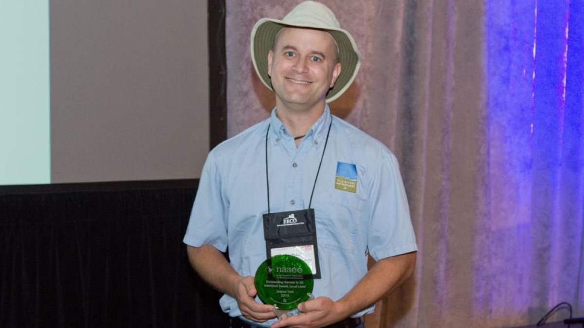 Joshua York, Naturalist and Education Supervisor with Five Rivers Metroparks, Receives NAAEE's Award for Outstanding Service to EE by an Individual (Local Level) at NAAEE's 2015 Annual Conference in San Diego, CA. 