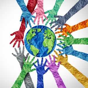 illustration of diverse hands reaching for Earth