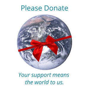 "Please Donate" globe with red bow "Your support means the world to us."