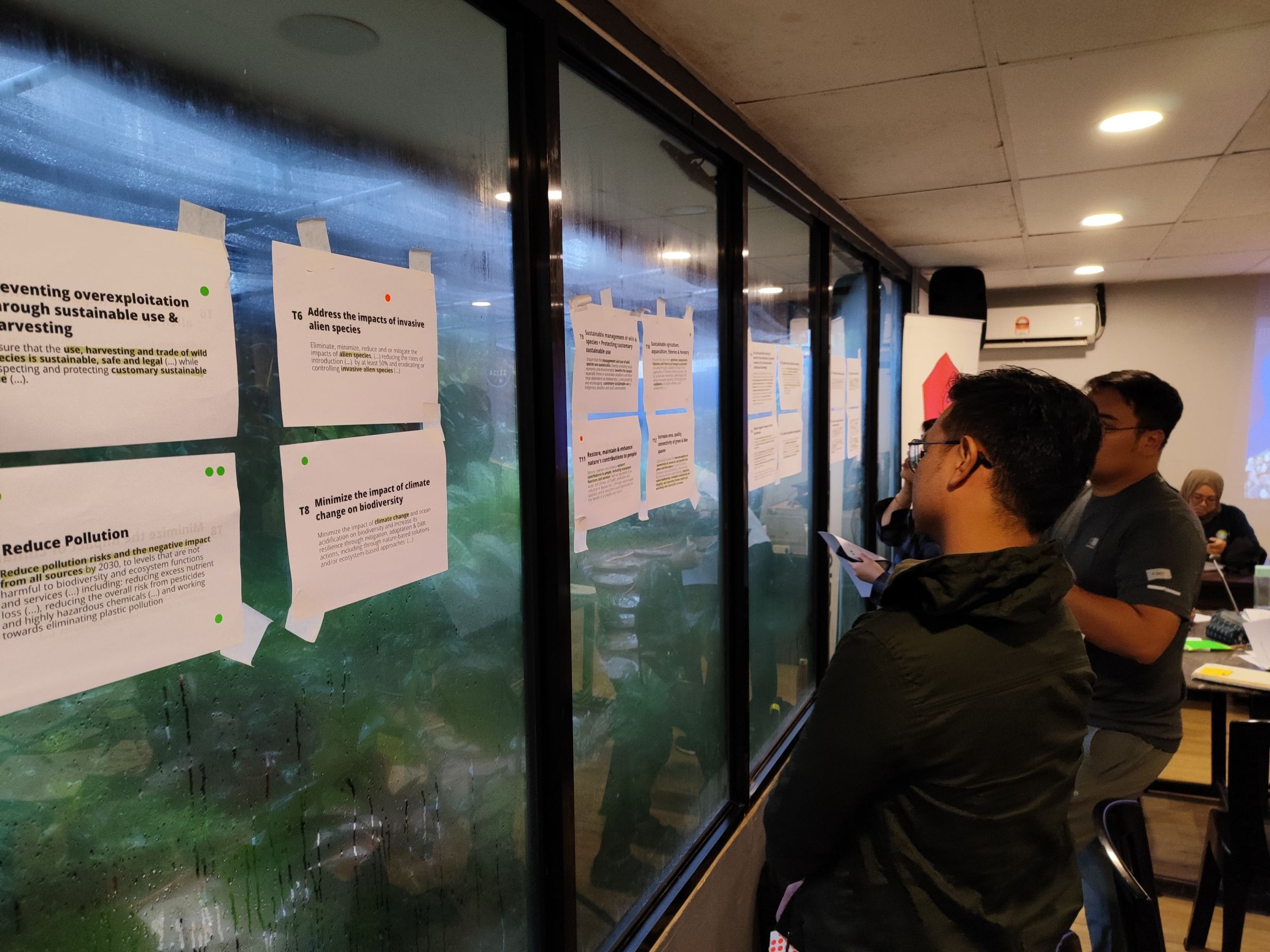 Young people looking at pieces of paper taped to the wall. Each paper has an SDG printed on it.