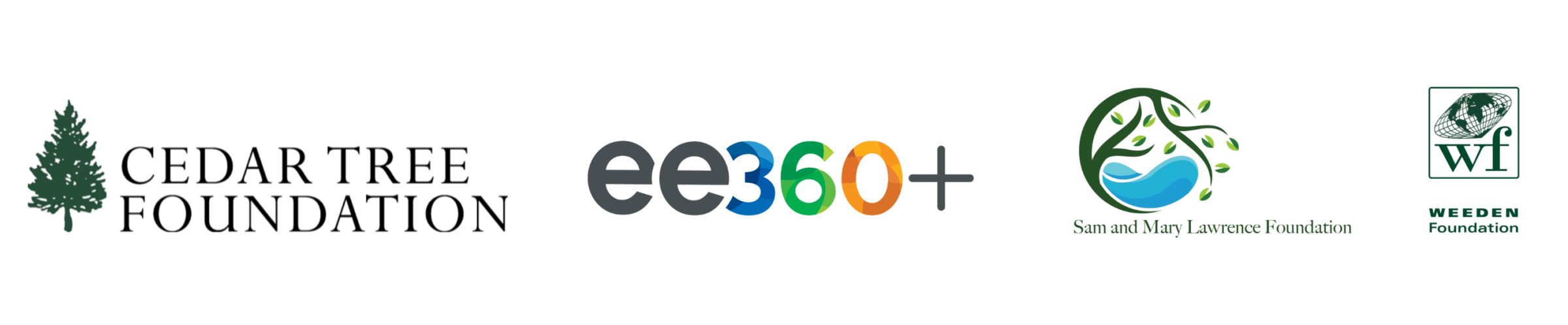 Cedar Tree Foundation logo, ee360+ logo, Sam and Mary Lawrence Foundation logo, Weeden Foundation logo