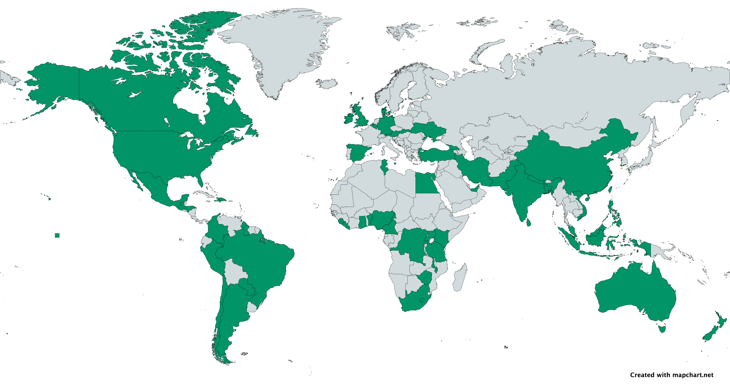 A map of the globe with 62 countries highlighted in green to indicate locations of our 30 Under 30 Alumni