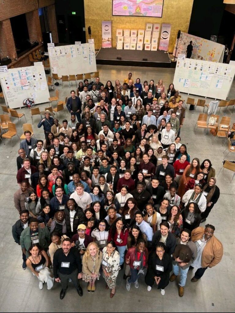 An aerial photo of several dozens of people