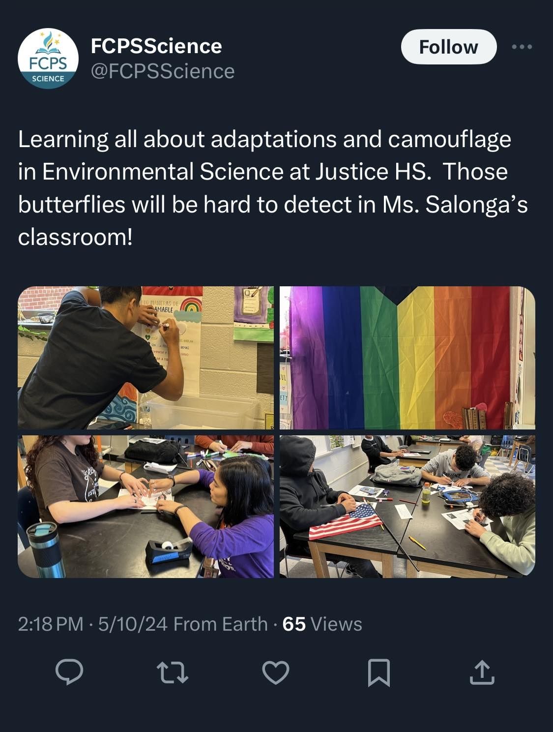 A social media post with several photos of Kirsten's students working on a butterfly project