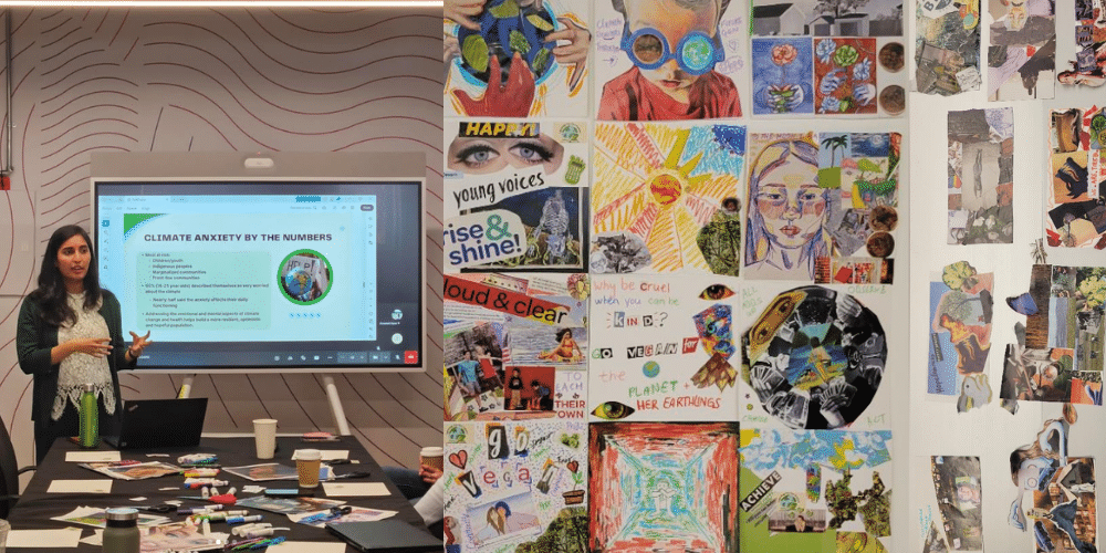 On the left, an image of Shatabdy presenting to a class, and on the right several examples of climate emotion artwork