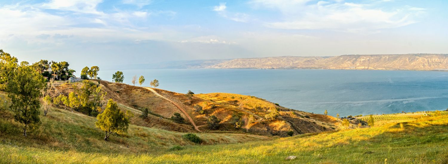 Beautiful fields and mountains around the Sea of Galilee (Kinneret) at sunset