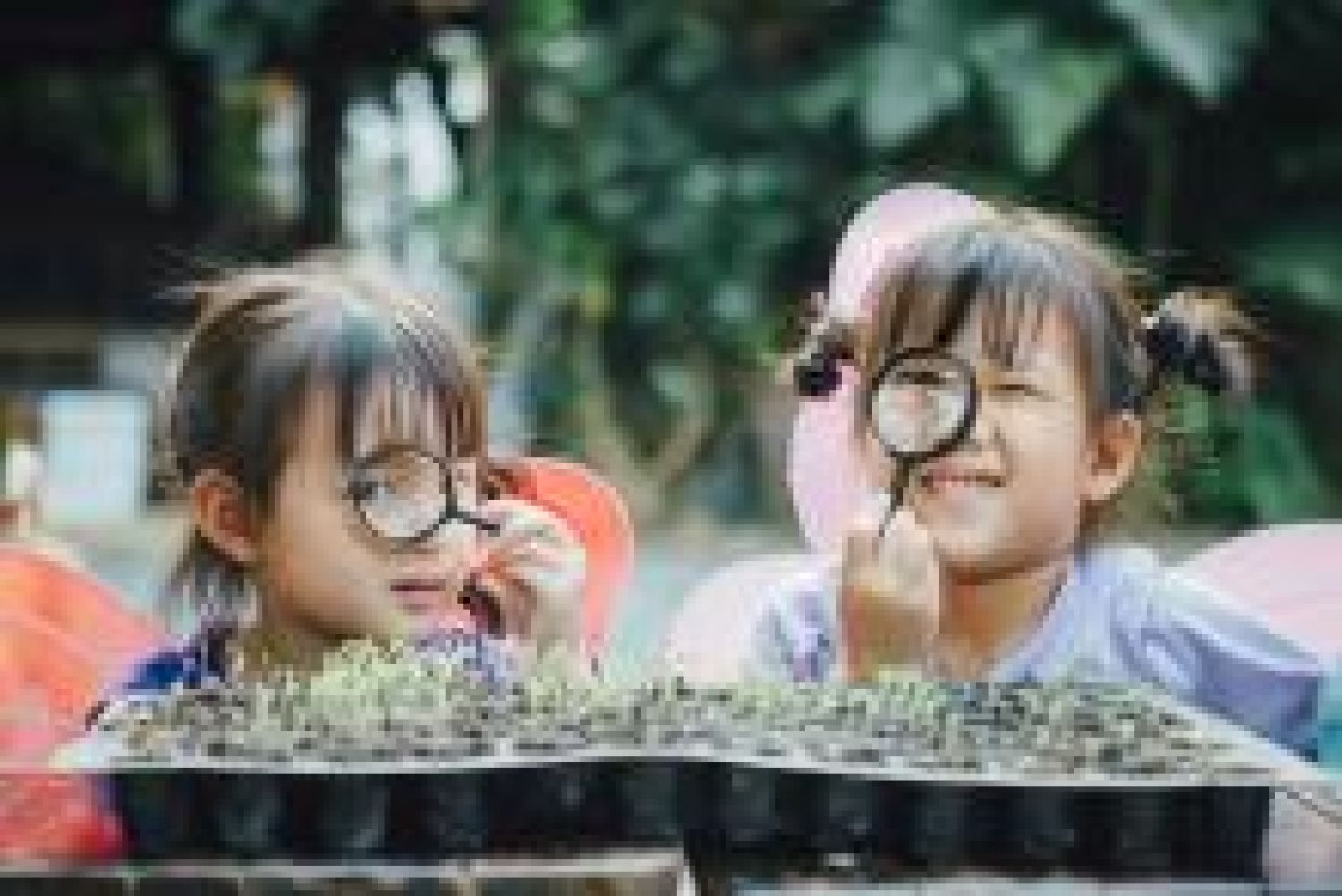 young children looking through magnifying glass