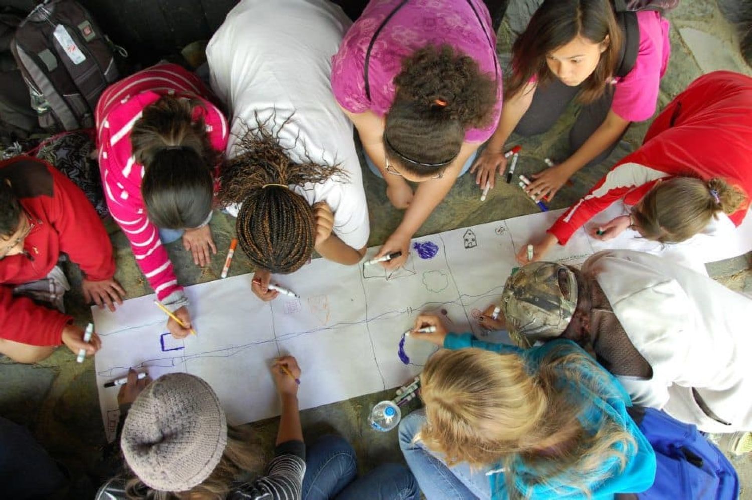 Aerial view of learners working on a table